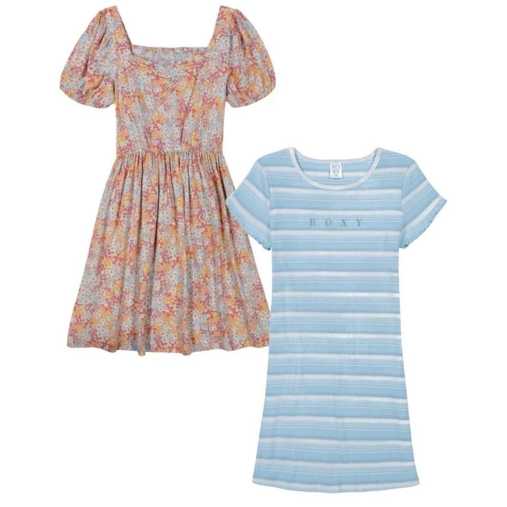 NWT 2pk Youth Girl Dresses Roxy Light Blue Floral & Striped Size XS 5/6